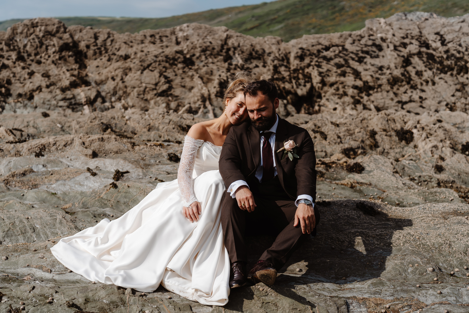 Relaxing for some couples portraits on the private beach at Polhawn Fort