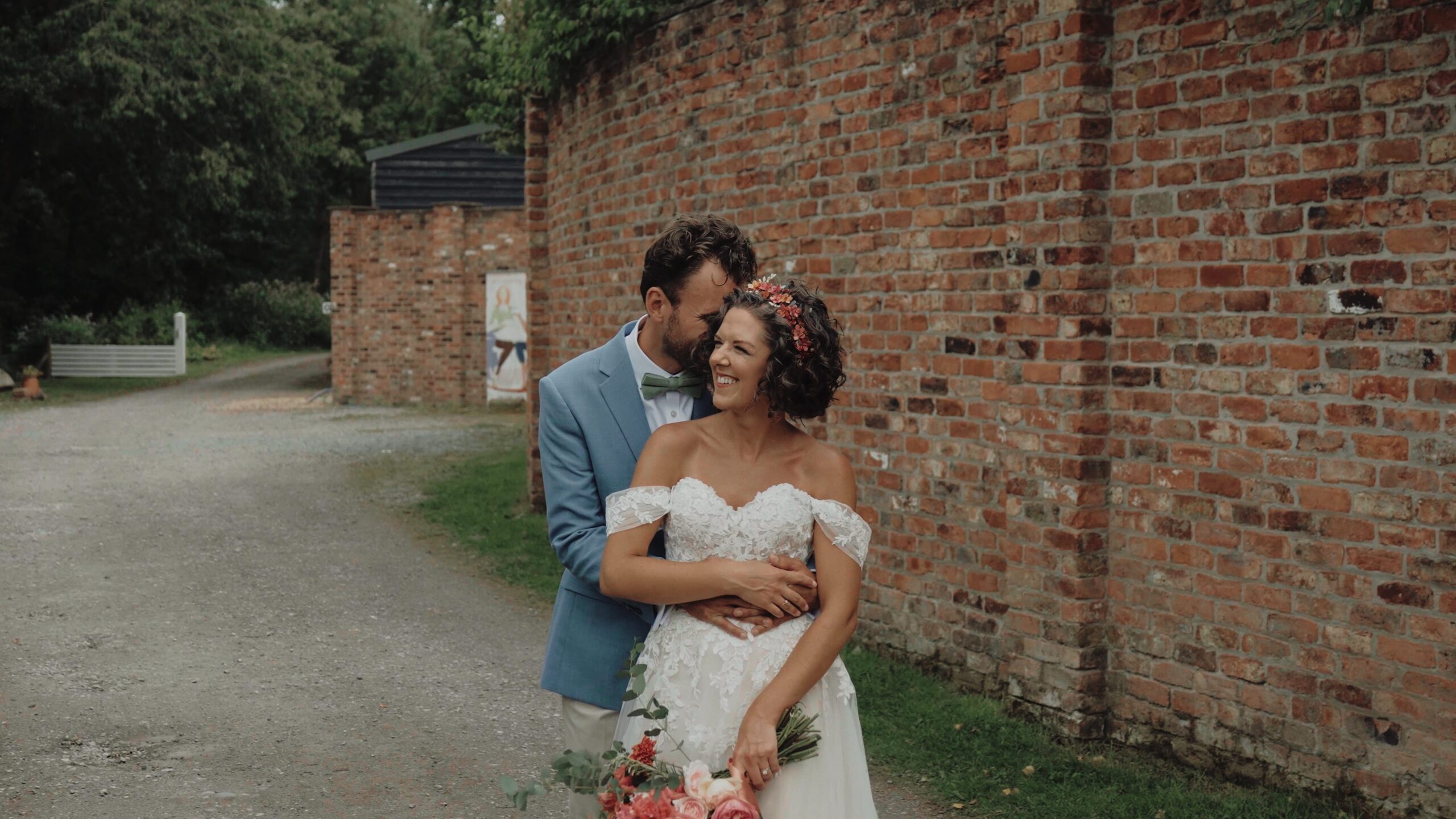 Couple embracing during a story-led wedding film