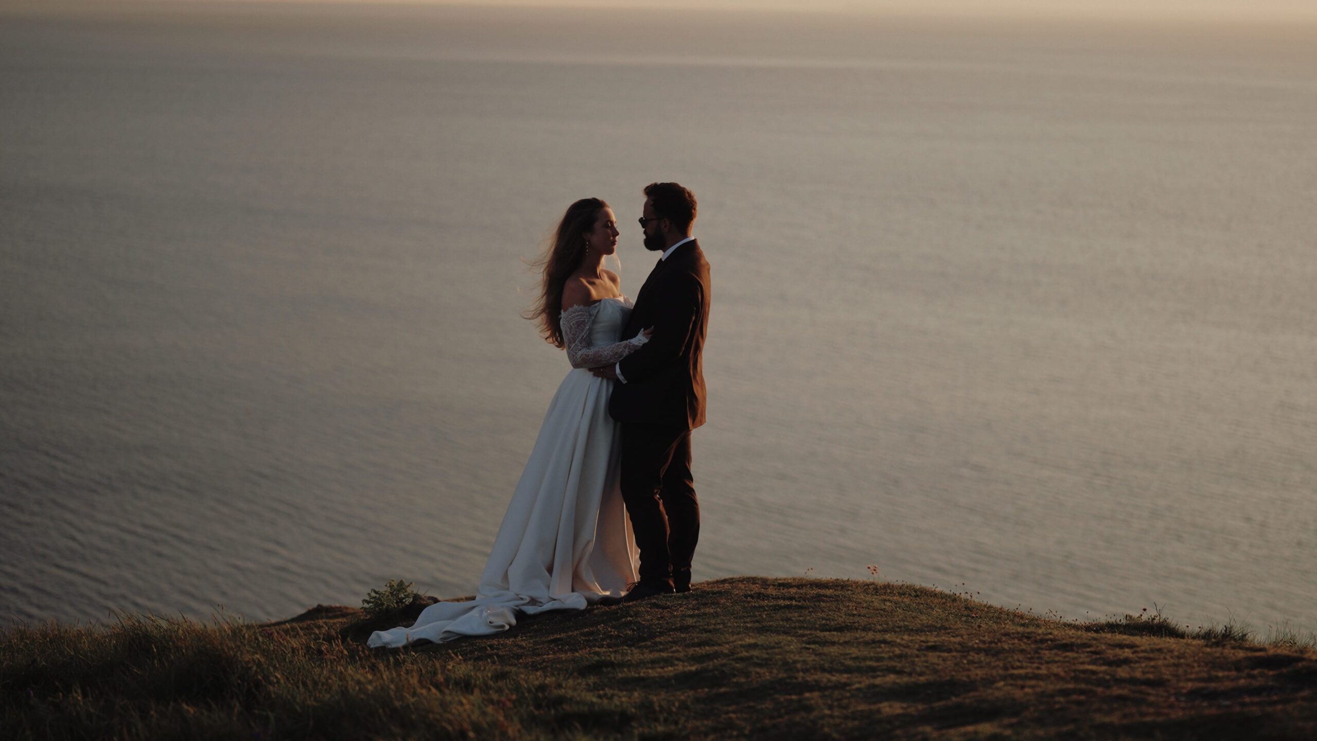 Couple embracing during a cinematic wedding film